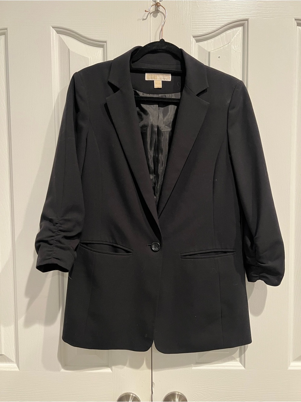 Michael Kors Black Single-Button Blazer with 3/4 Ruched Sleeves
